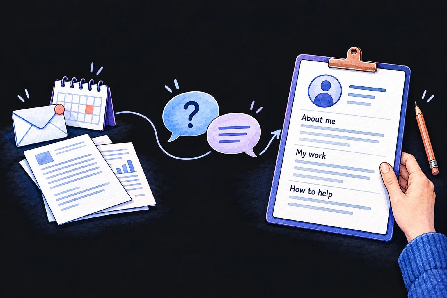 Chosen emails, calendar events, and documents inform an interview and a personal profile for you to review.