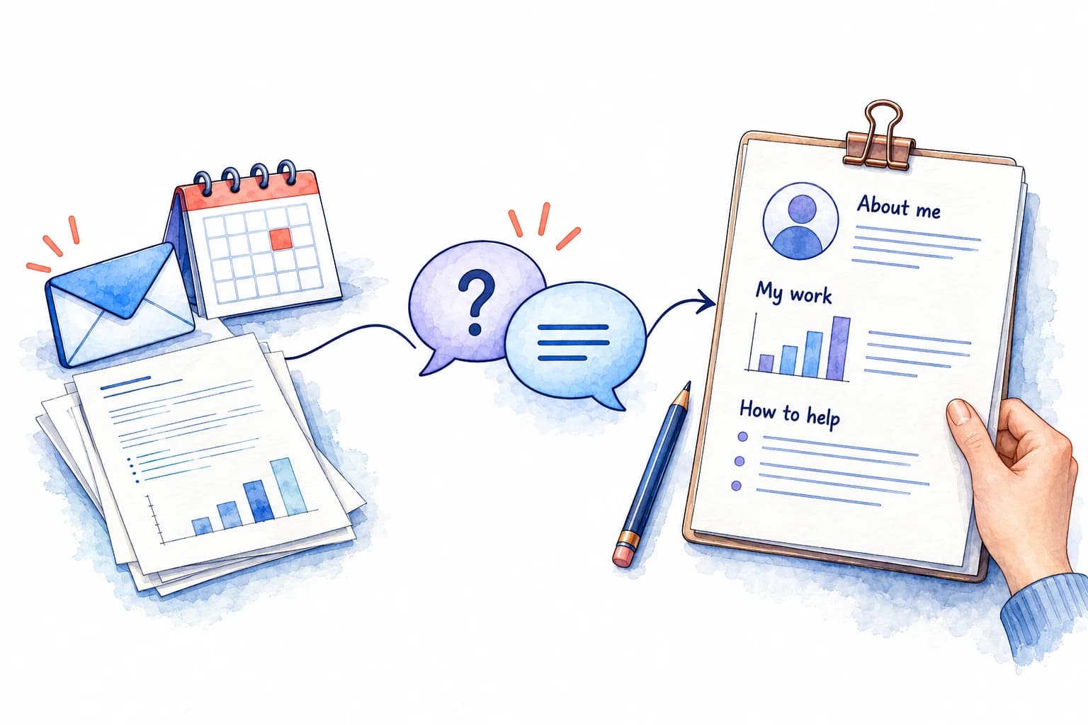 Chosen emails, calendar events, and documents inform an interview and a personal profile for you to review.