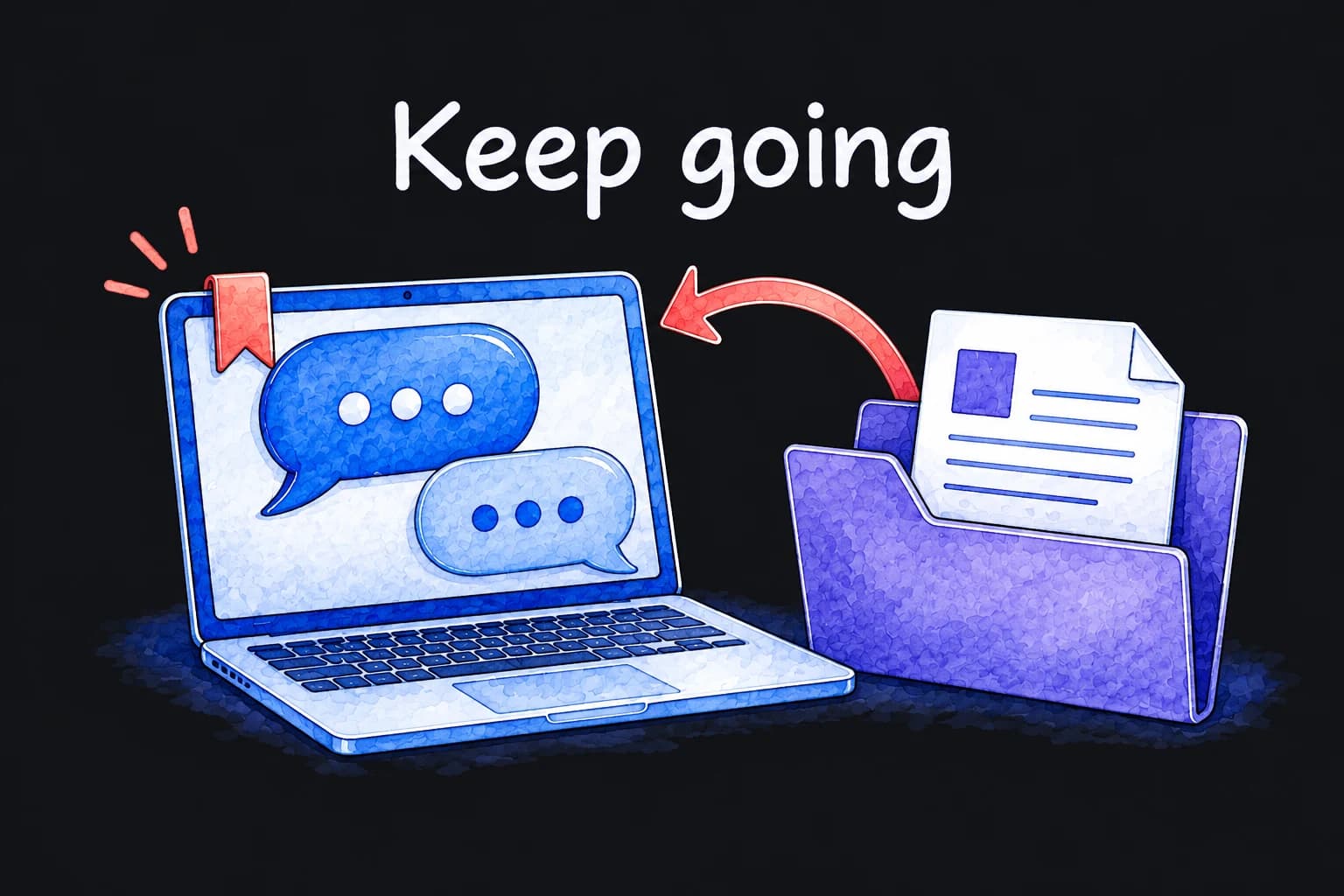 A bookmarked conversation on a laptop beside a folder, with an arrow returning to the conversation.