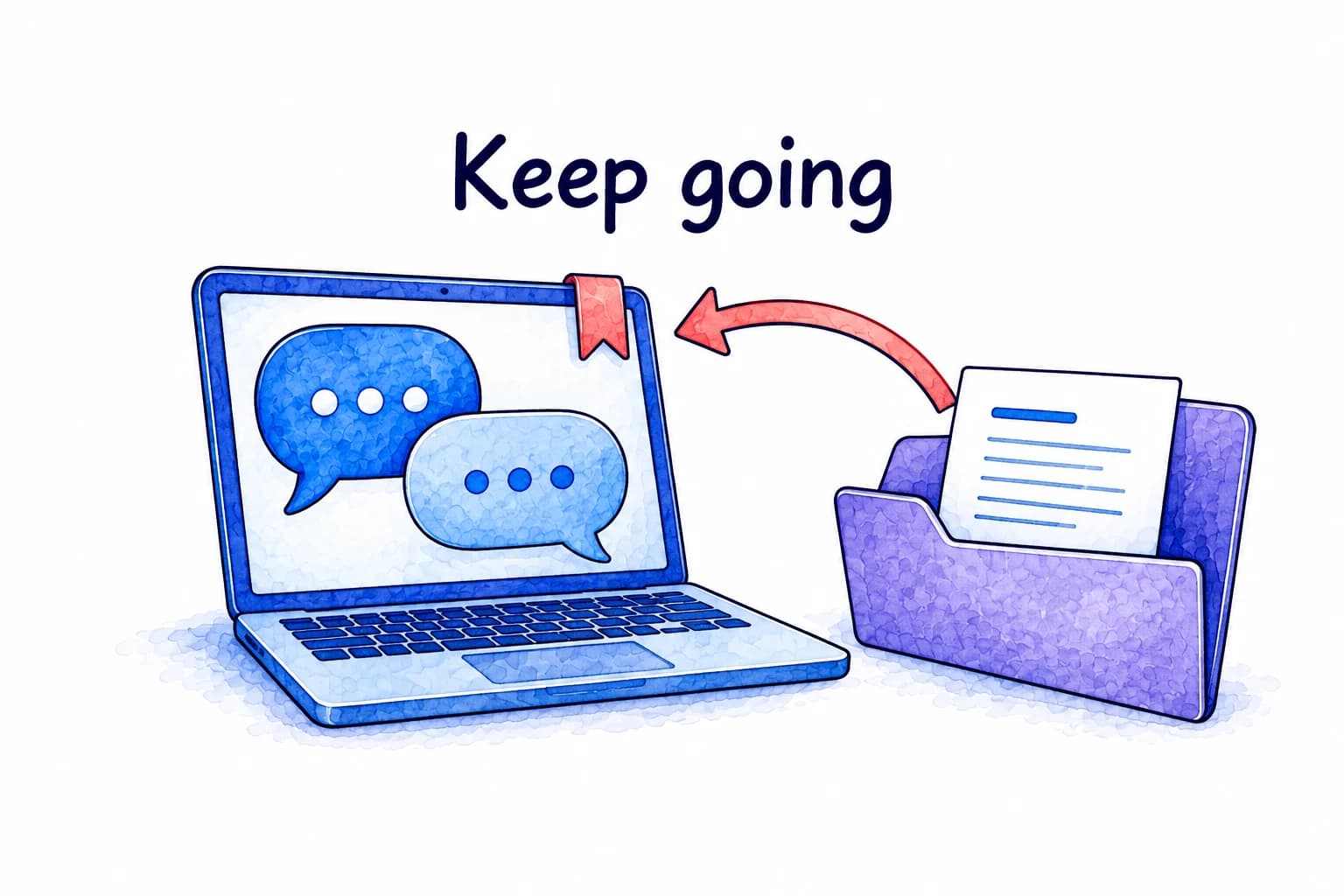 A bookmarked conversation on a laptop beside a folder, with an arrow returning to the conversation.