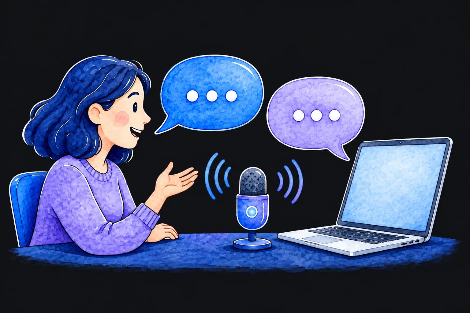 A person and a laptop exchange speech bubbles in a two-way spoken conversation.