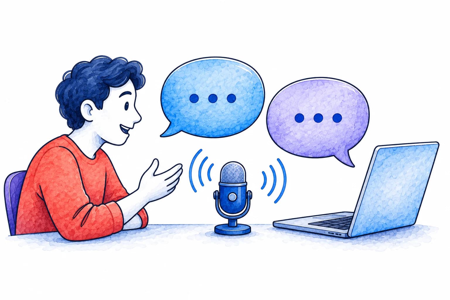 A person and a laptop exchange speech bubbles in a two-way spoken conversation.