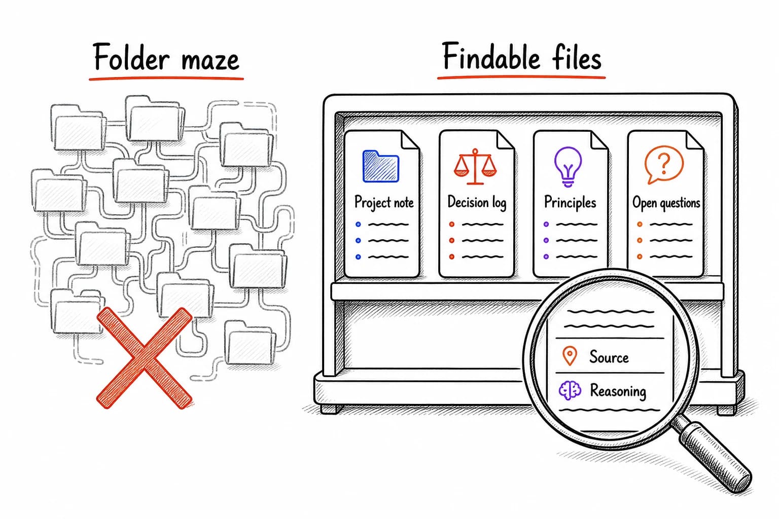 Guidebook-style comparison of a rejected folder maze and findable files with source and reasoning visible.