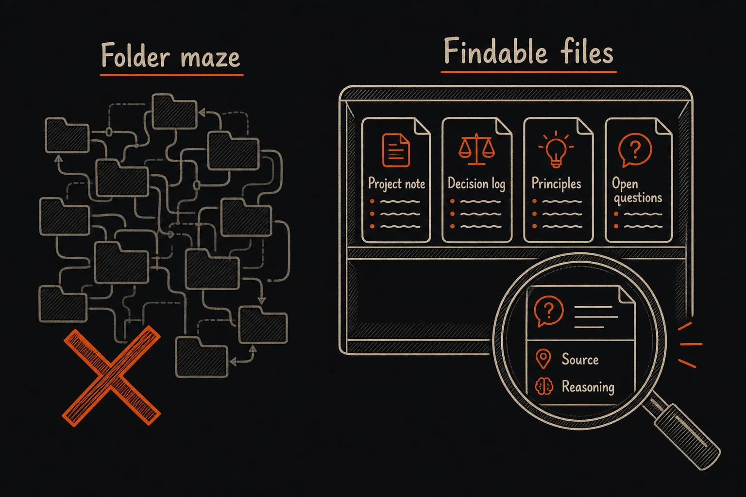 Guidebook-style comparison of a rejected folder maze and findable files with source and reasoning visible.