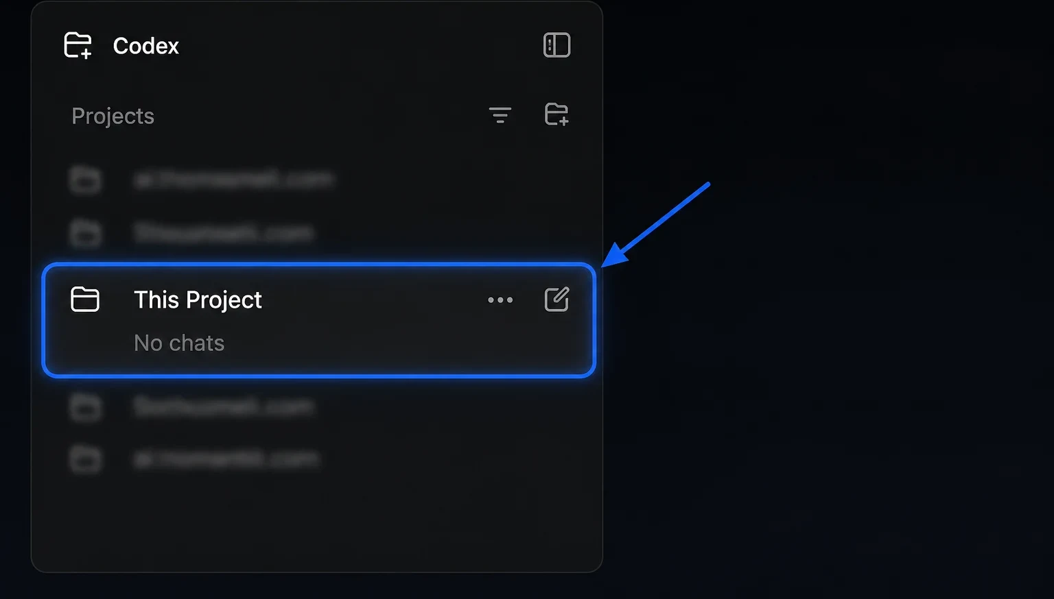 Annotated Codex projects list with This Project highlighted as the opened local workspace.