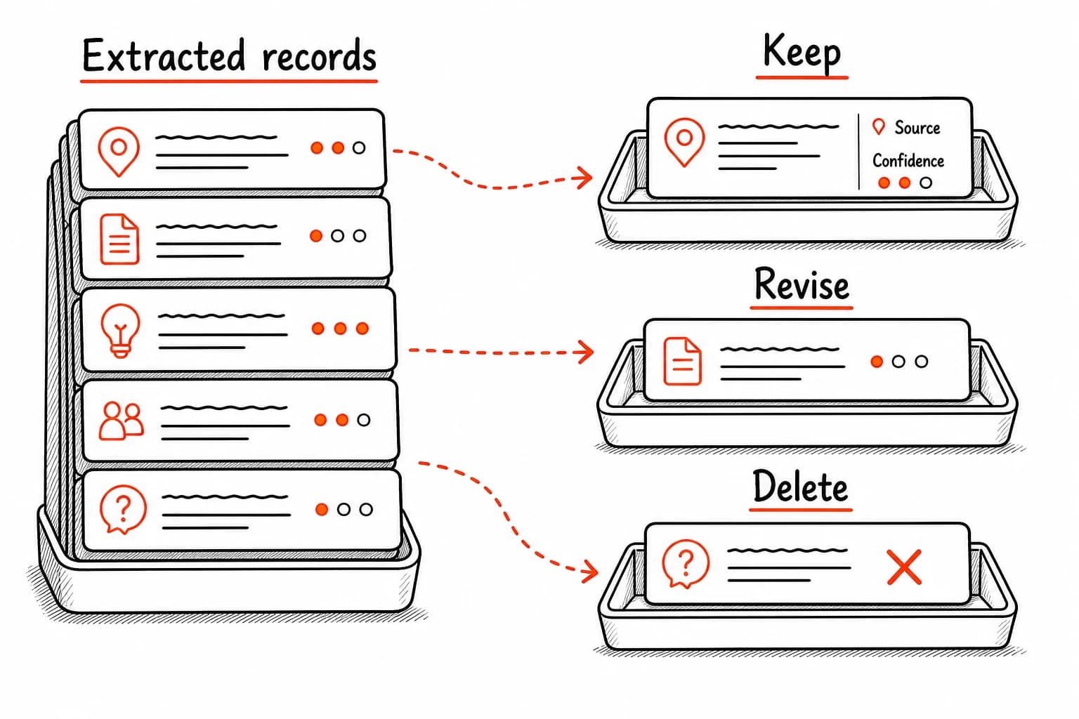 Guidebook-style diagram showing extracted records checked against their sources and sorted into keep, revise, and delete trays.