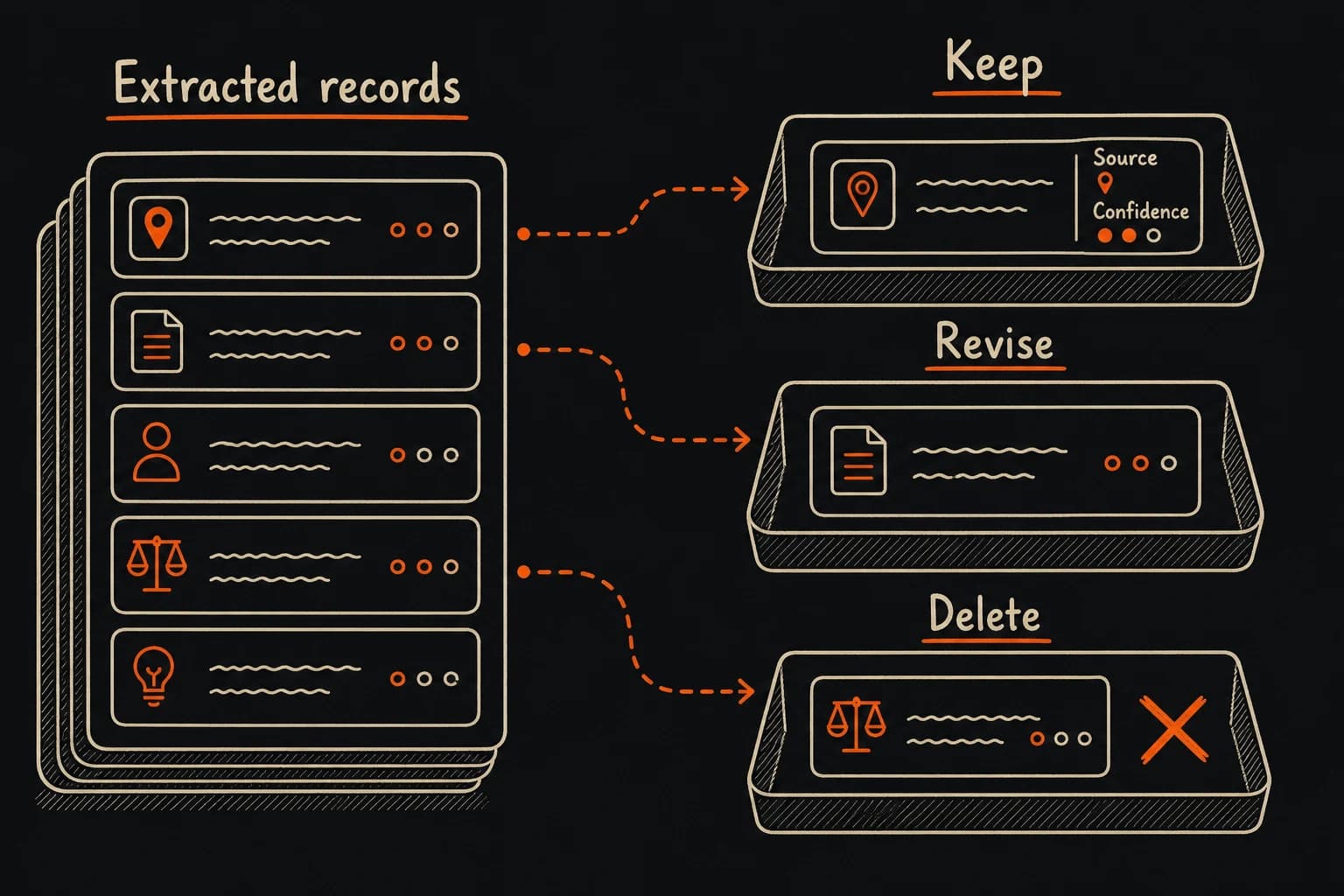 Guidebook-style diagram showing extracted records checked against their sources and sorted into keep, revise, and delete trays.