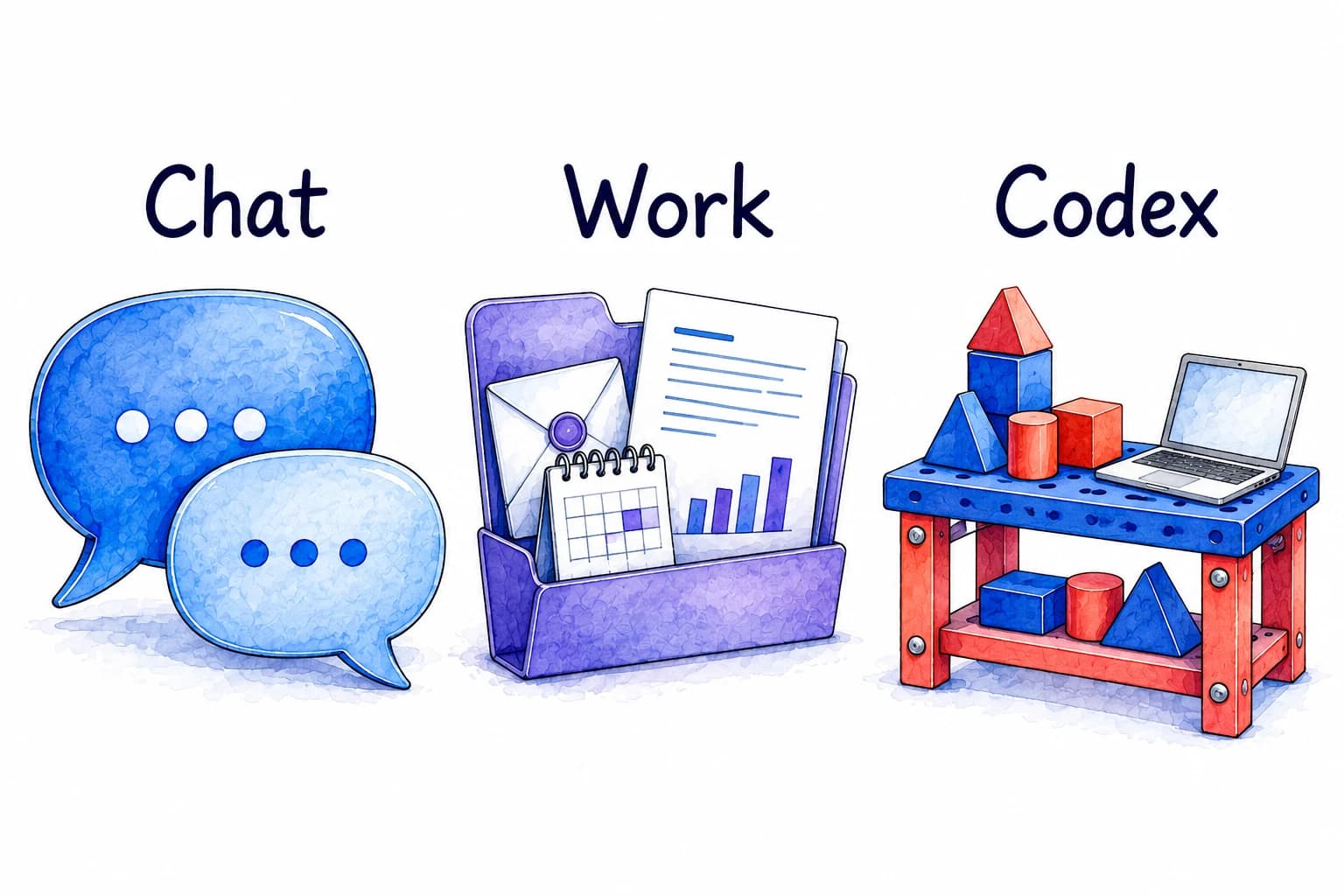 Speech bubbles for Chat, documents and a calendar for Work, and building blocks beside a laptop for Codex.