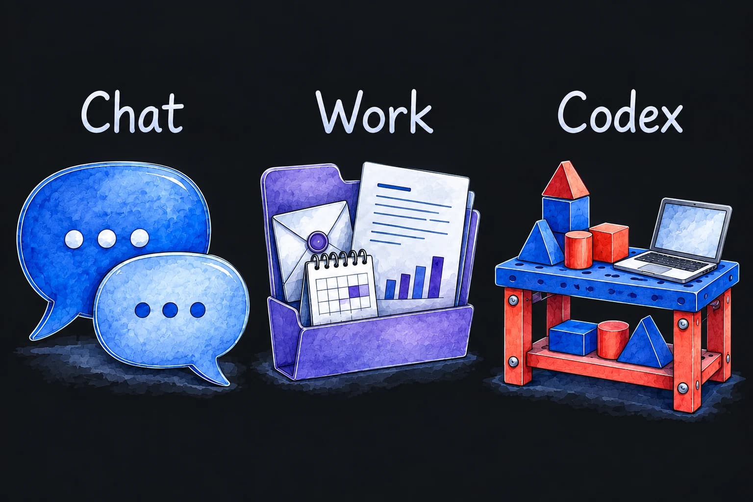 Speech bubbles for Chat, documents and a calendar for Work, and building blocks beside a laptop for Codex.