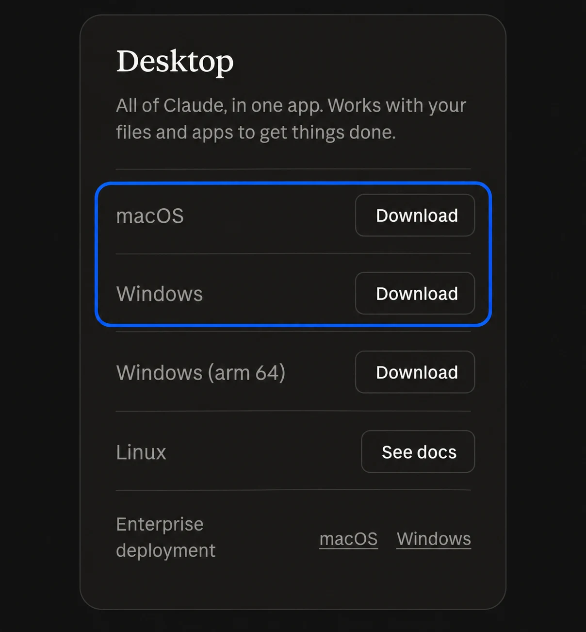 The Desktop section of Claude’s official download page, with macOS and Windows downloads highlighted and other system choices below.
