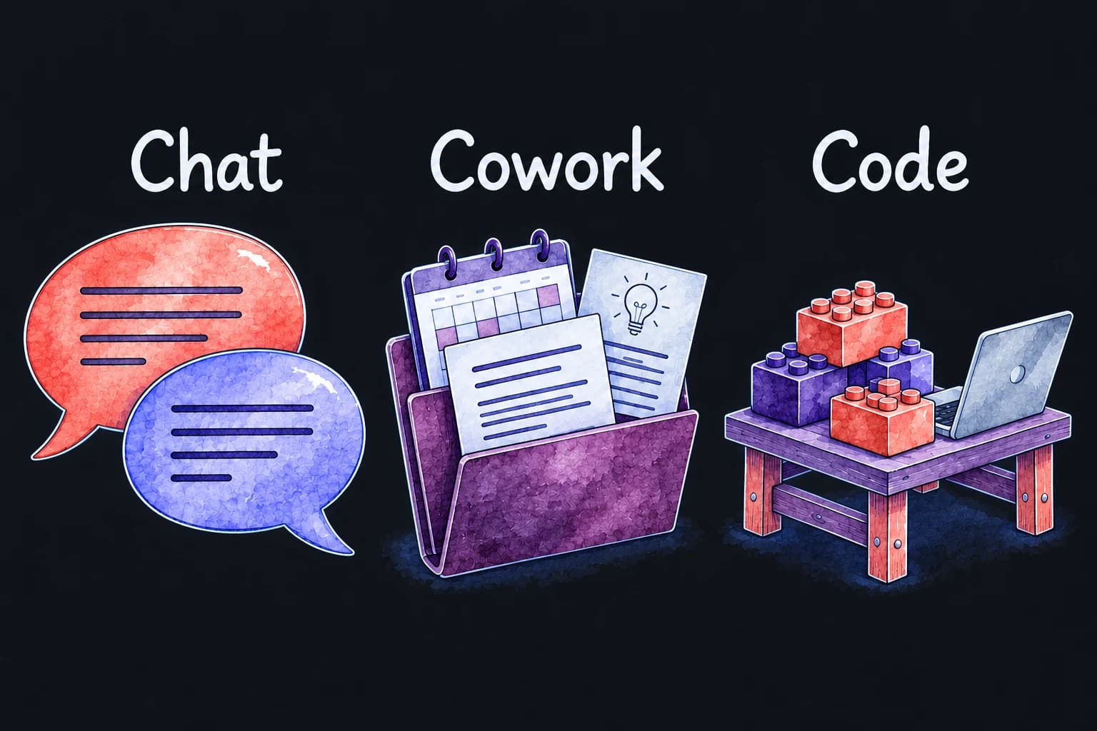 Speech bubbles for Chat, a folder with a calendar and documents for Cowork, and building blocks beside a laptop for Code.