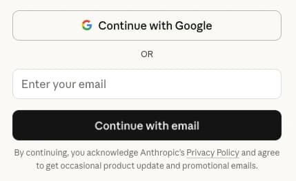 Claude’s sign-in choices: Continue with Google, or enter an email address and continue with email.