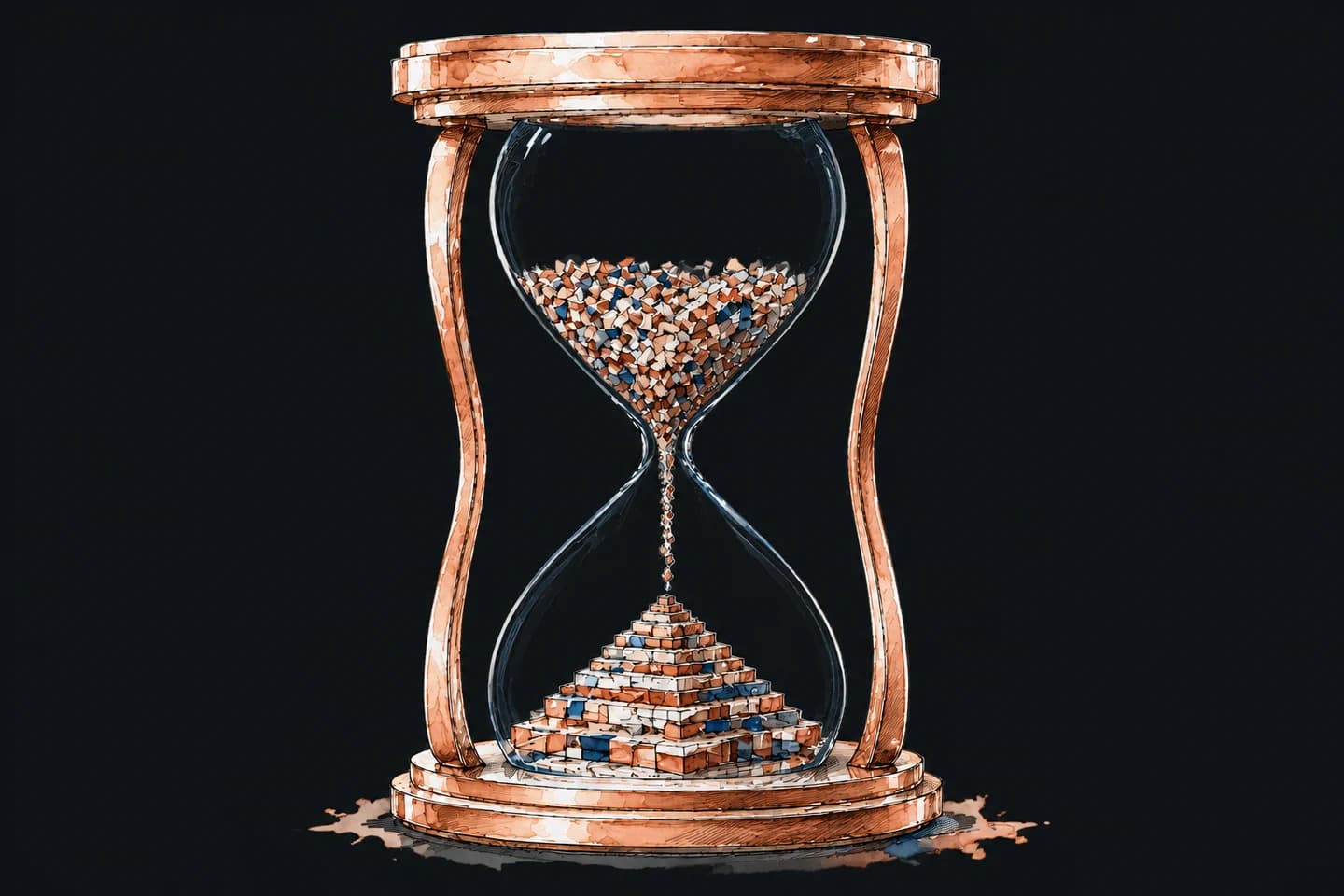 A watercolor and ink hourglass turns loose fragments into a carefully built structure.