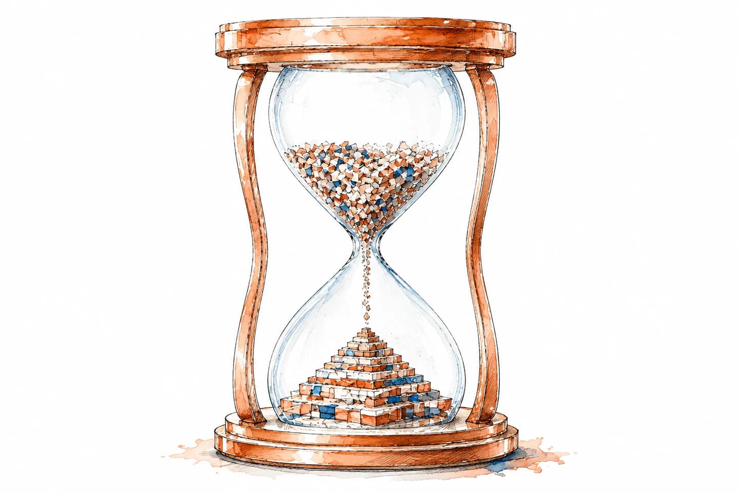 A watercolor and ink hourglass turns loose fragments into a carefully built structure.