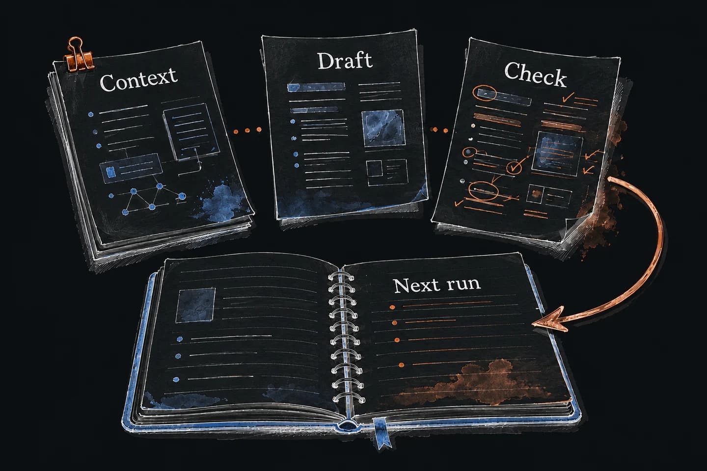 Context leads to a draft and a human check. Corrections are saved in a notebook for the next run.