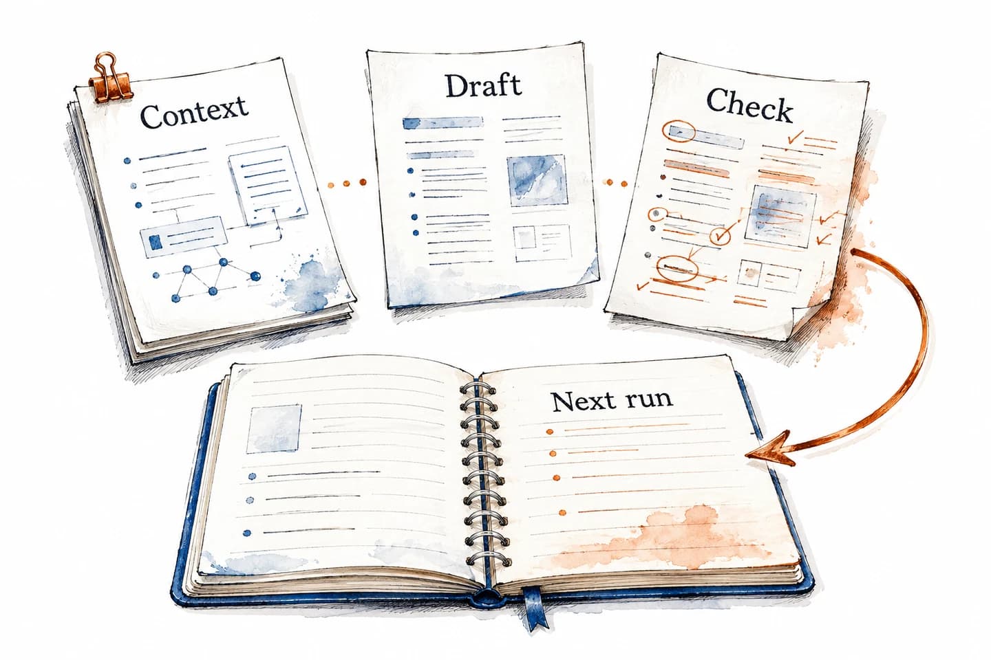 Context leads to a draft and a human check. Corrections are saved in a notebook for the next run.