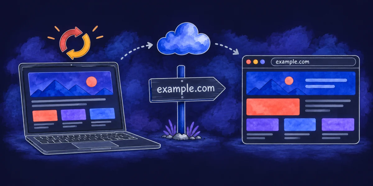 A web address pointing to an online host, with a change flowing from a laptop to the live site