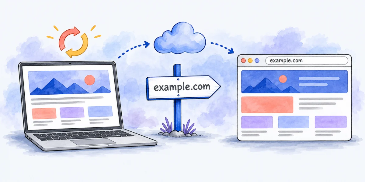 A web address pointing to an online host, with a change flowing from a laptop to the live site