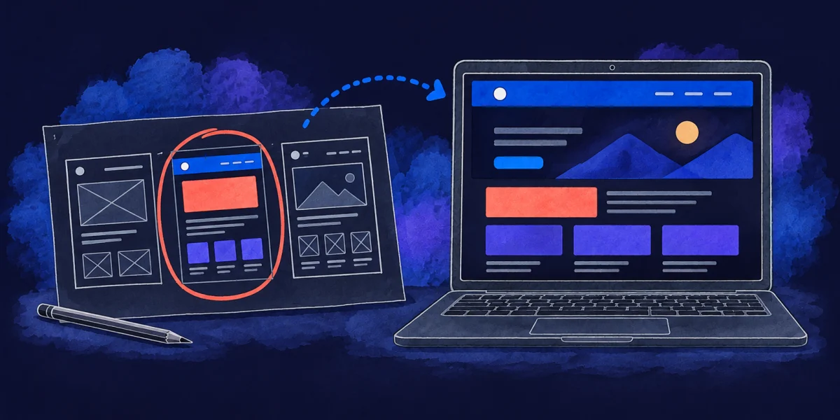 A site plan and homepage mockups turning into a finished homepage on a laptop