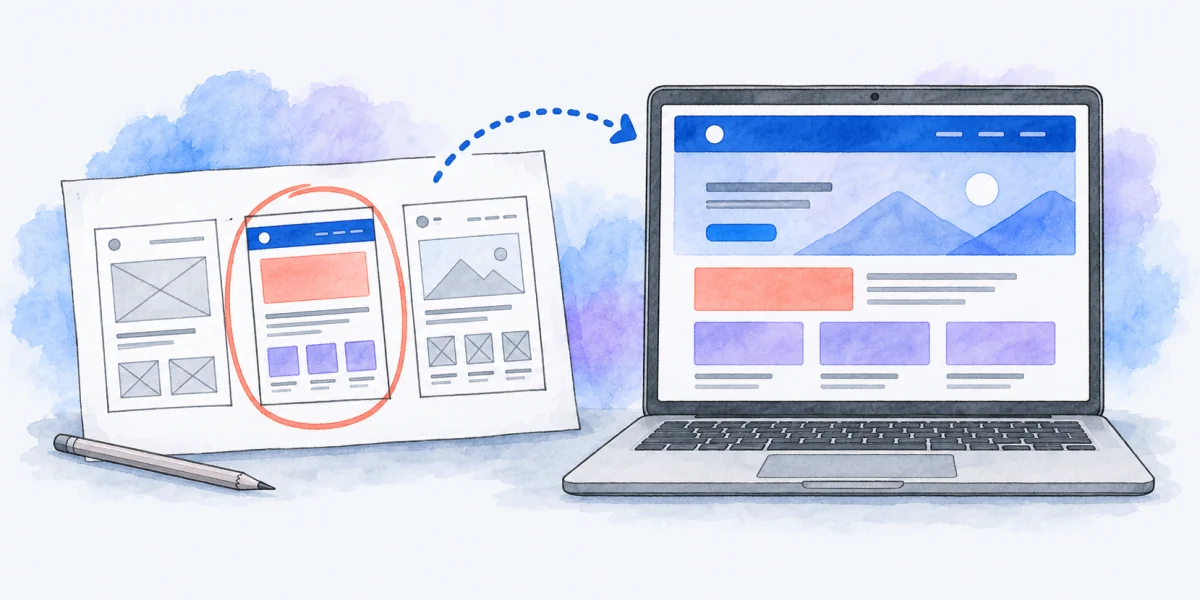 A site plan and homepage mockups turning into a finished homepage on a laptop