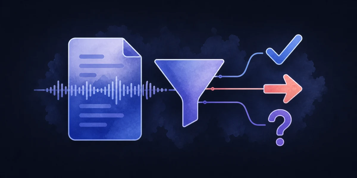 A transcript separated into decisions, next steps, questions, and source records