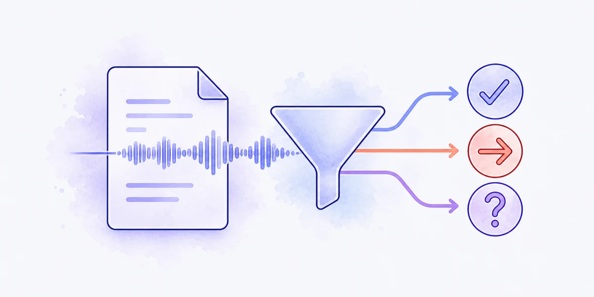 A transcript separated into decisions, next steps, questions, and source records