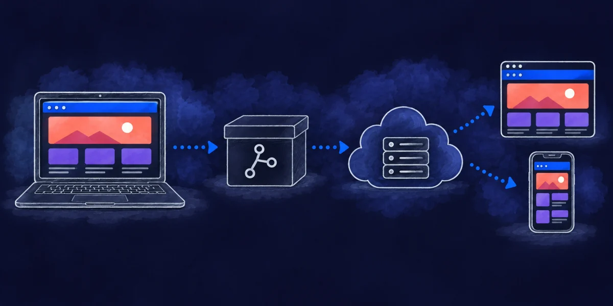 A website sent from a laptop to an online repository and a host, then opened far away