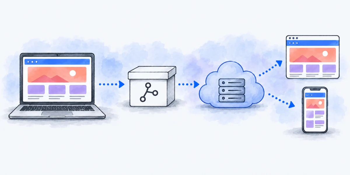 A website sent from a laptop to an online repository and a host, then opened far away