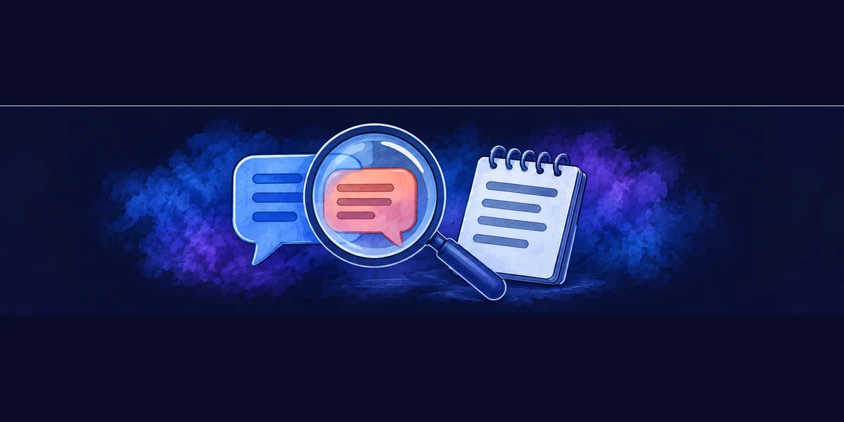 A magnifying glass examines sourced audience comments beside a research notebook.
