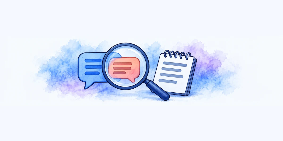 A magnifying glass examines sourced audience comments beside a research notebook.