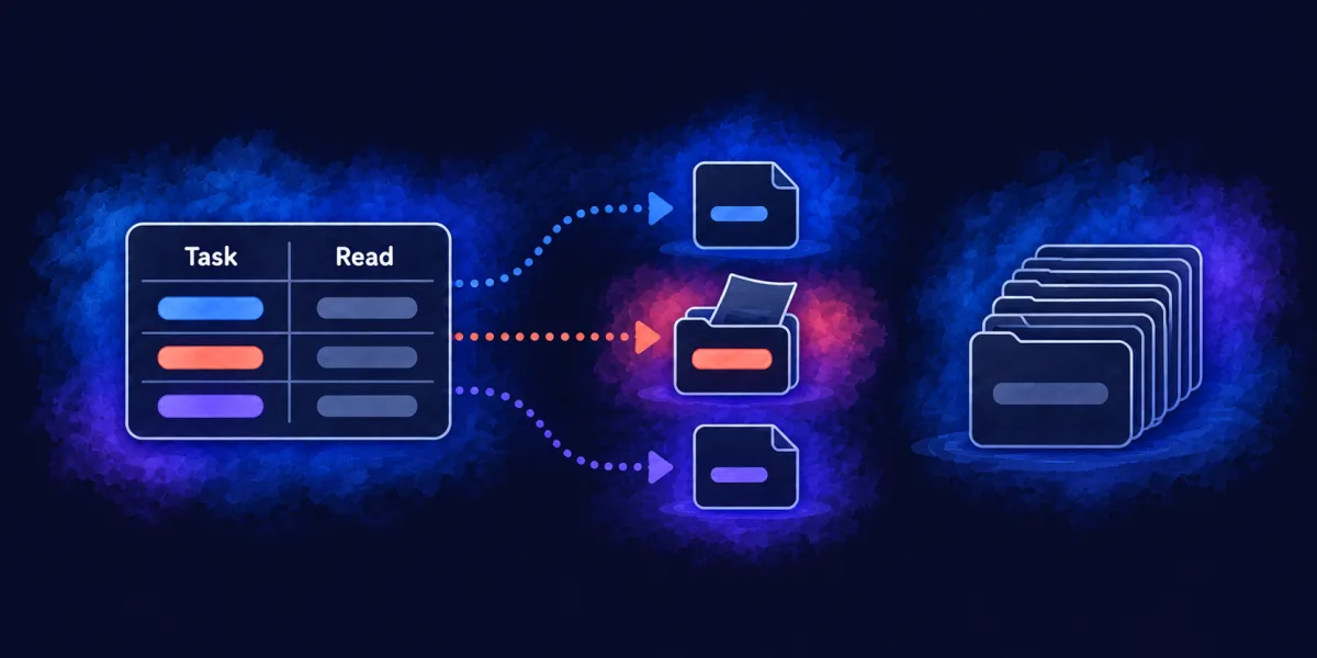 A Task and Read table sending one coral route to the single file it opens, while a tall stack of other files stays closed