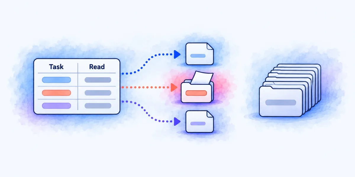 A Task and Read table sending one coral route to the single file it opens, while a tall stack of other files stays closed