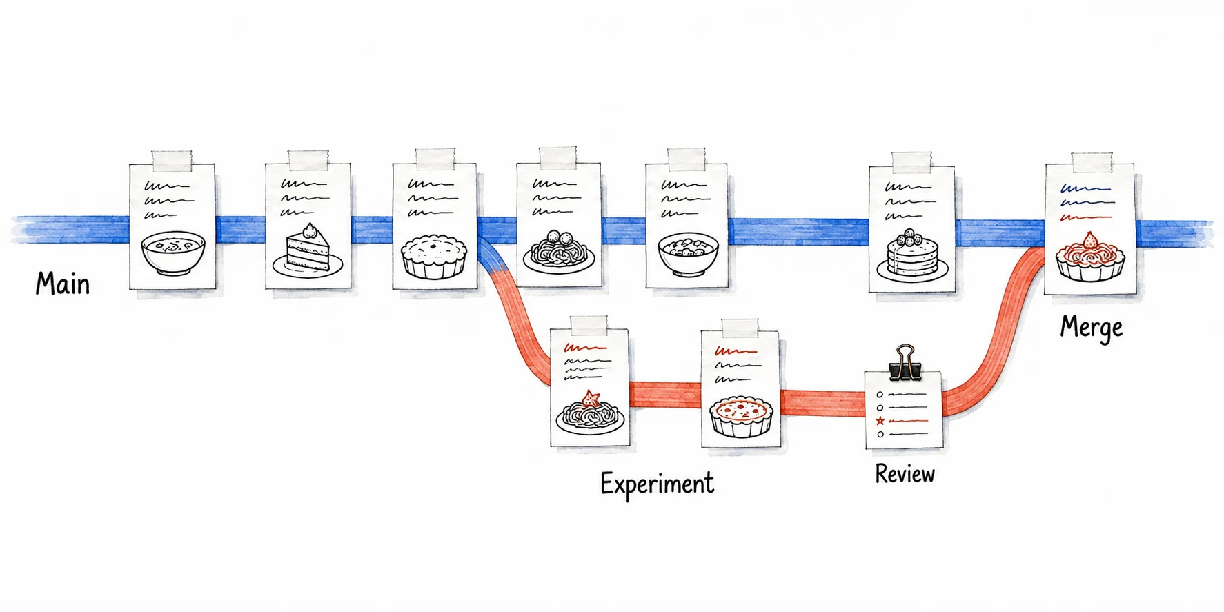 A blue Main history continues while a coral Experiment history branches away, passes Review, and joins it at Merge.