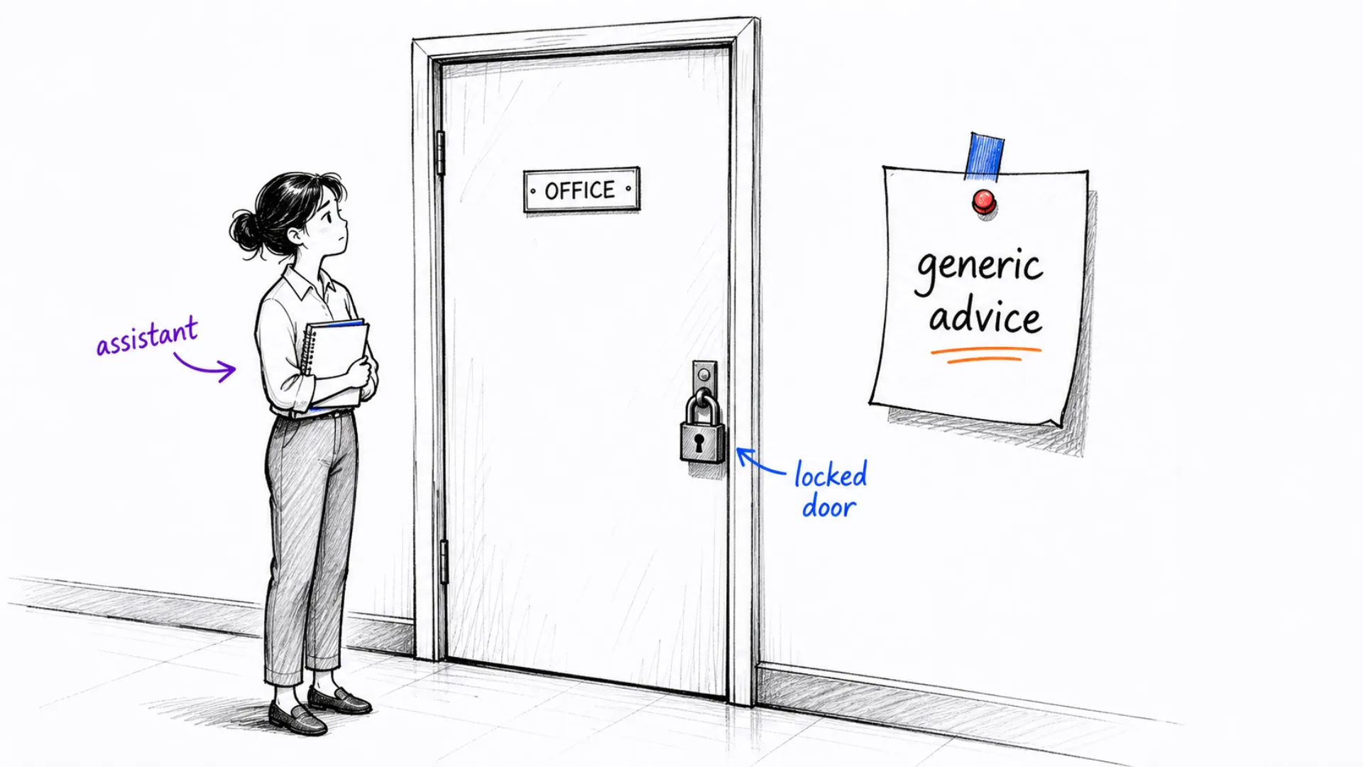 An assistant stands outside a locked office beside a generic advice note.