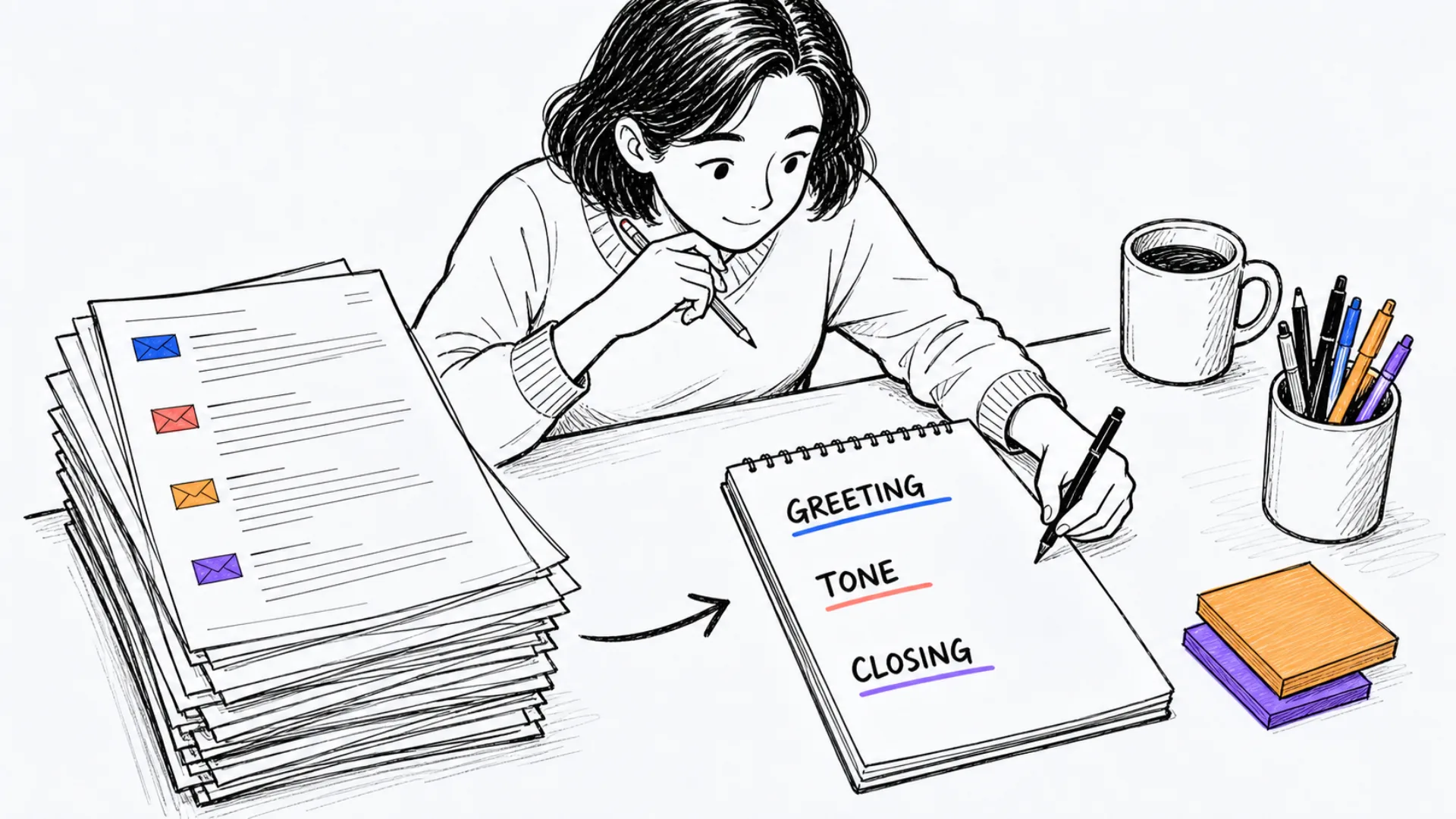 The writer's sent emails support a checked style reference for one email type.