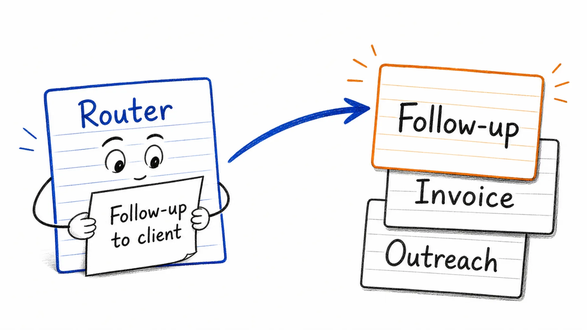 A small automatic chooser sends a review call to the follow-up skill, an overdue invoice to the payment skill, and pauses on an unclear request.