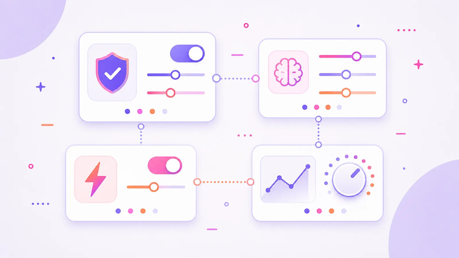 A course-cover illustration of settings panels with switches, sliders, shields, and dials.