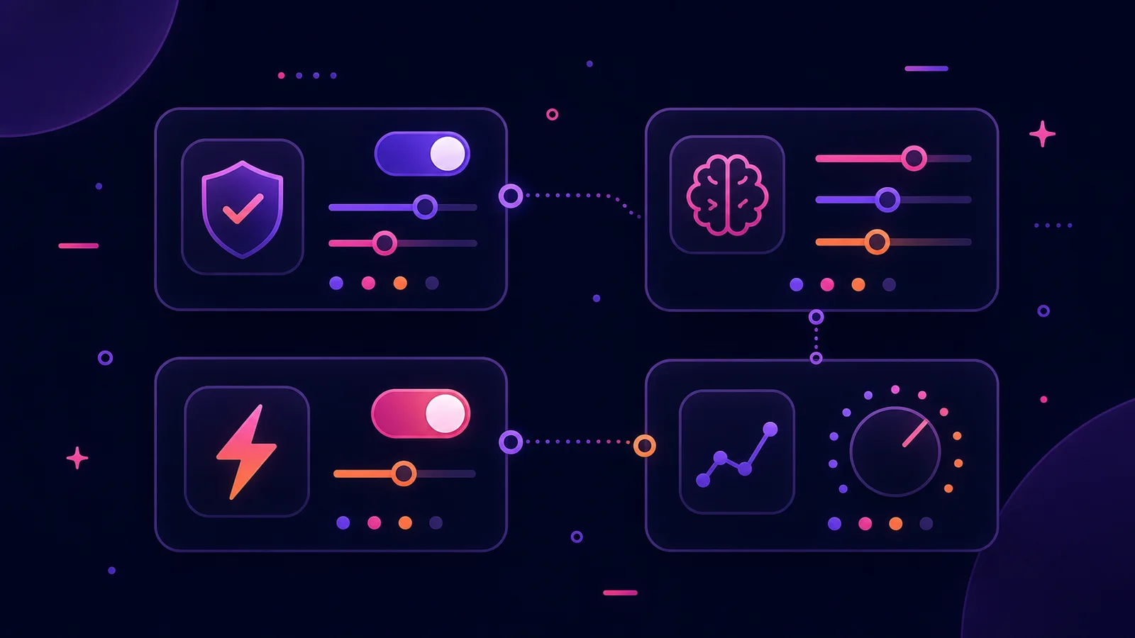 A course-cover illustration of settings panels with switches, sliders, shields, and dials.