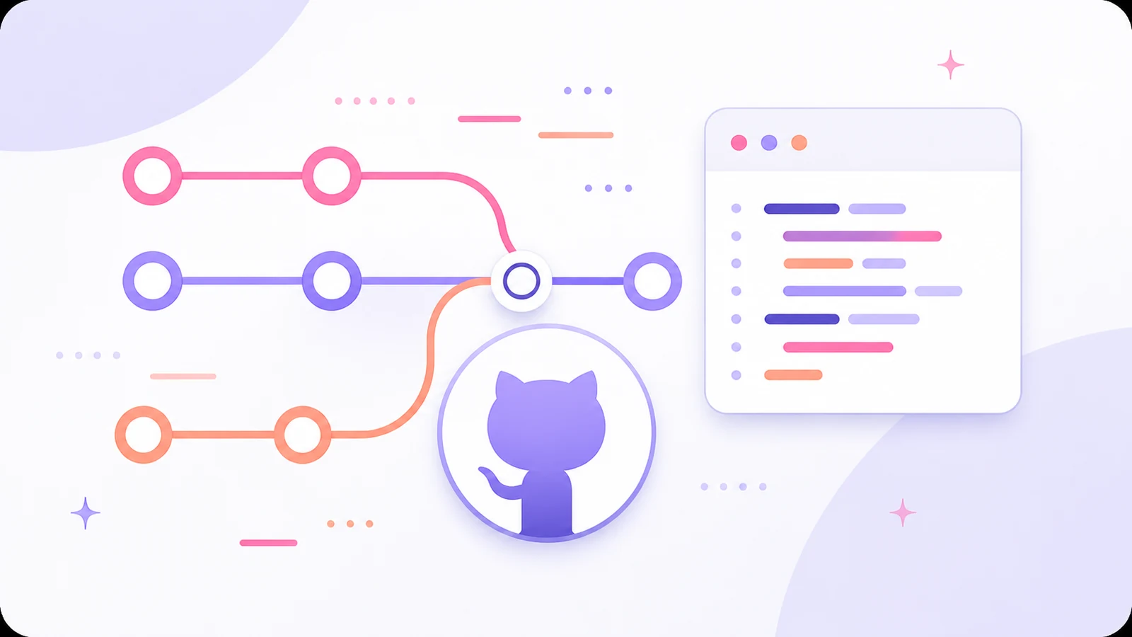 A course-cover illustration of a commit graph, project window, and rollback dial for safe GitHub basics.
