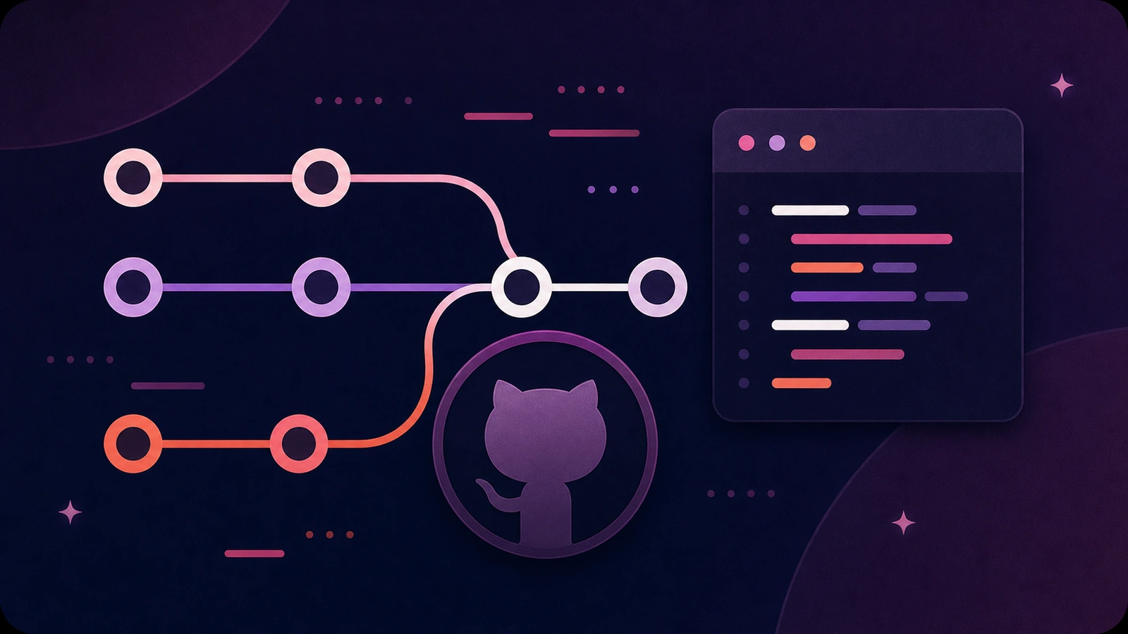 A course-cover illustration of a commit graph, project window, and rollback dial for safe GitHub basics.