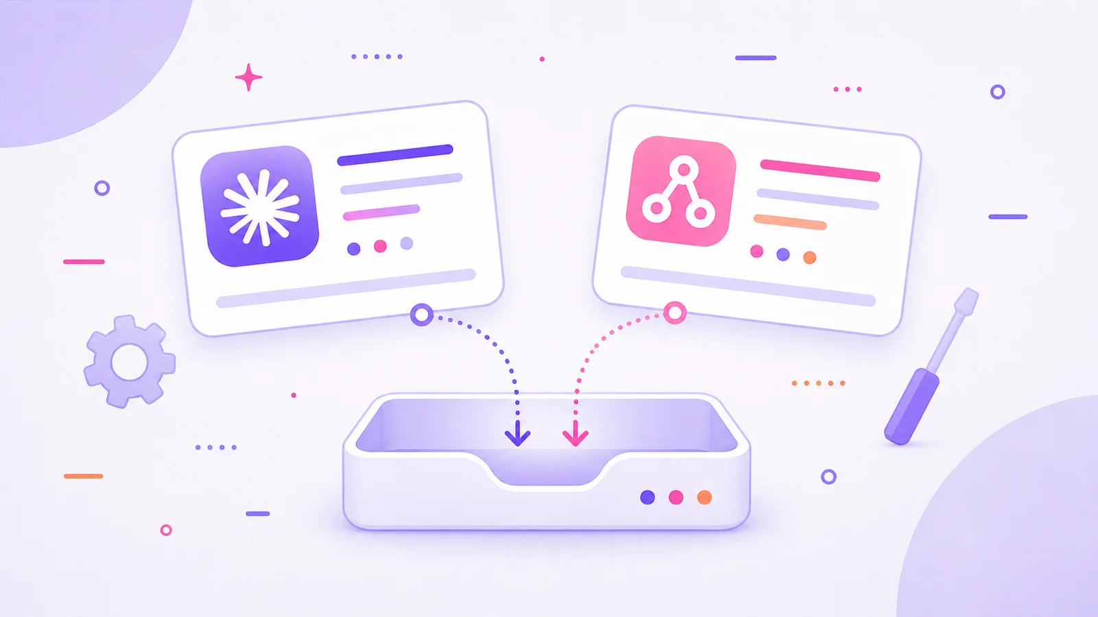A course-cover illustration of two abstract app cards installing into a shared workspace tray.