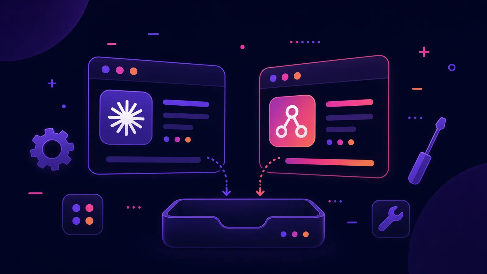 A course-cover illustration of two abstract app cards installing into a shared workspace tray.