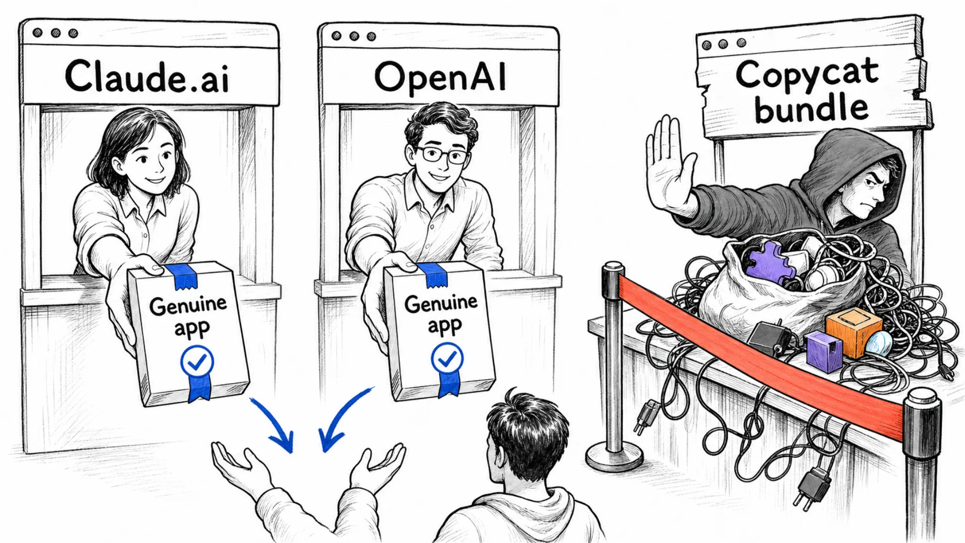 Two official maker sites hand over the genuine app while a copycat bundler is turned away.