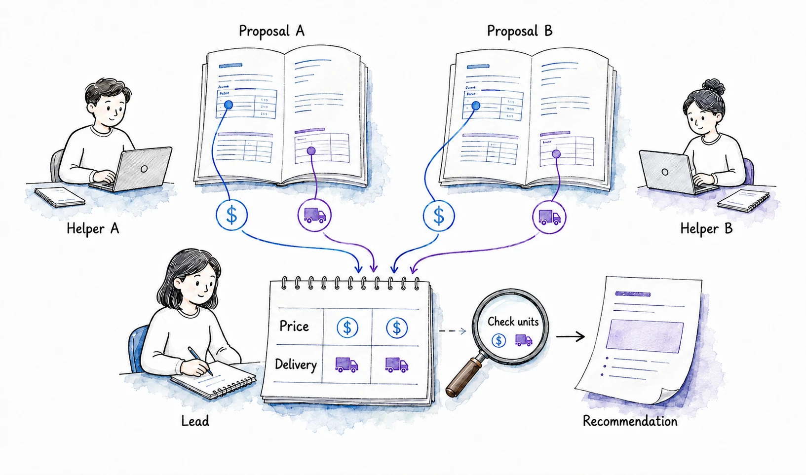 Helpers read separate offers and return prices and delivery details for the lead to compare and check.