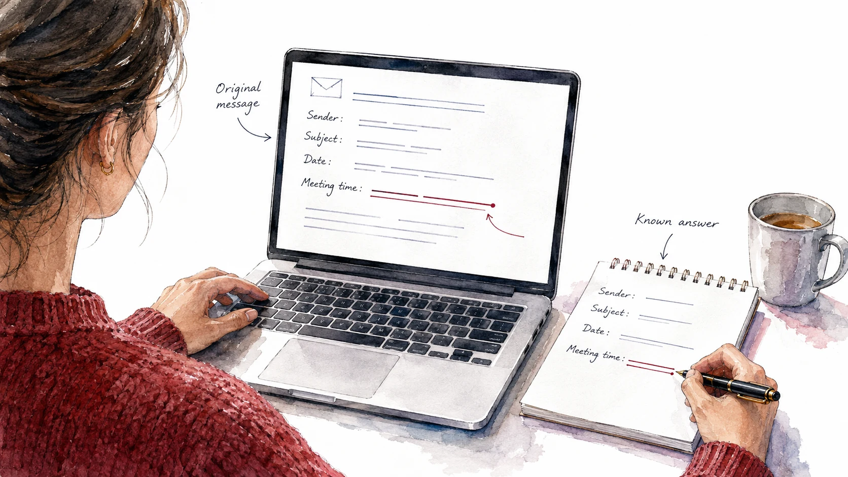 A person records sender, subject, date and meeting time from a familiar original email to establish a known answer.