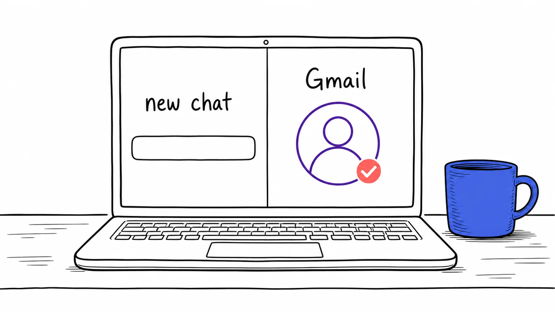 A laptop screen split into a fresh new chat panel and a signed-in Gmail panel.