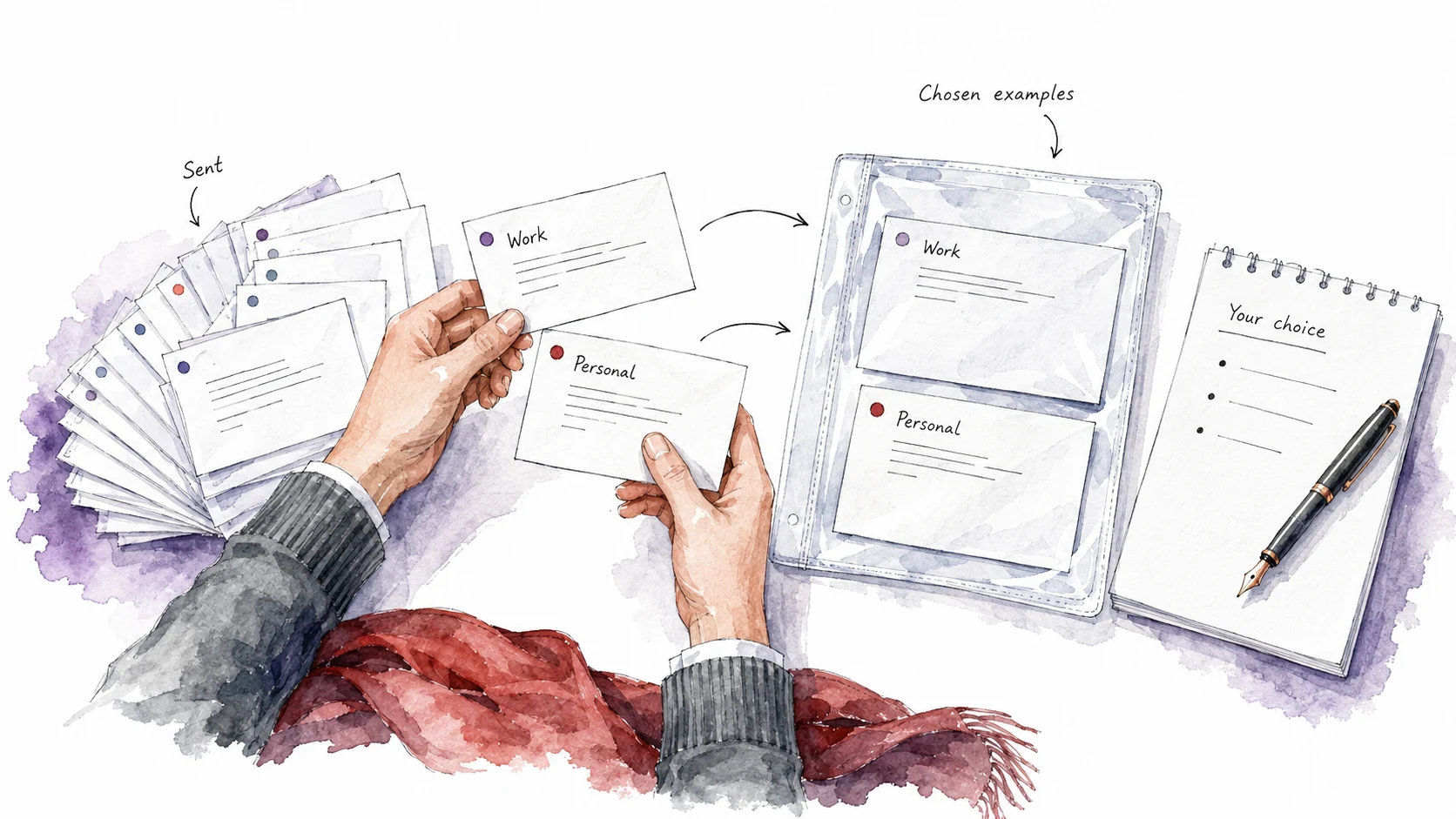 A person chooses work and personal examples from sent emails and keeps the selected pair for developing voice instructions.