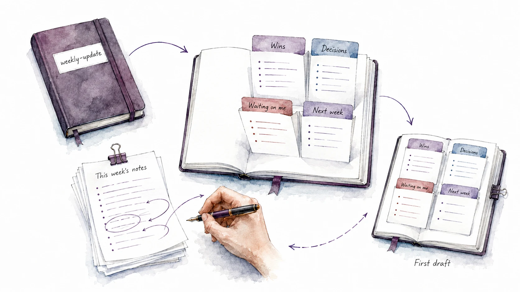 An animation of rough weekly notes becoming a structured update with the sections Wins, Decisions, Waiting on me, and Next week.