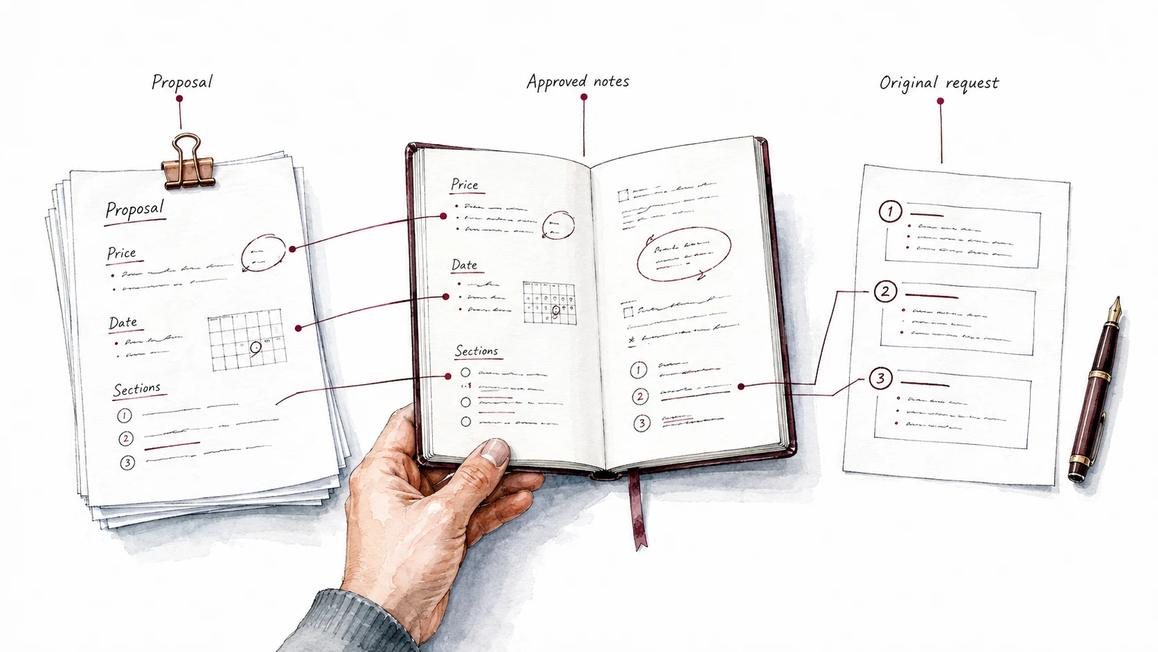 A proposal's price, date and sections are connected to approved notes and the original request for direct comparison.