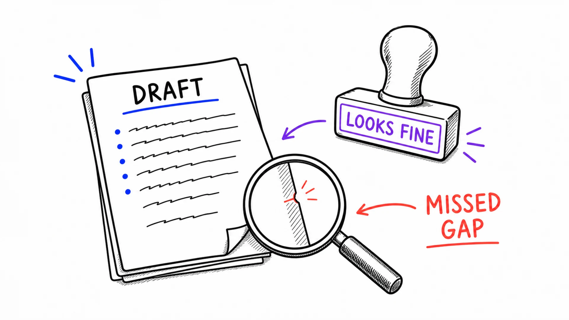 A draft receives a soft looks-fine stamp while a magnifying glass reveals a missed gap.
